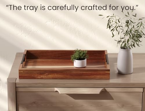 Acacia Wood Serving Tray with Metal Handles,17x12in Ottoman Decorative Trays Platter for Coffee Table, Living, alternate view