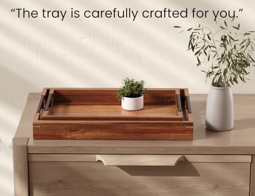 Acacia Wood Set of 2 Serving Tray with Metal Handles, Ottoman Decorative Trays Platter for Coffee Table, Living, alternate
