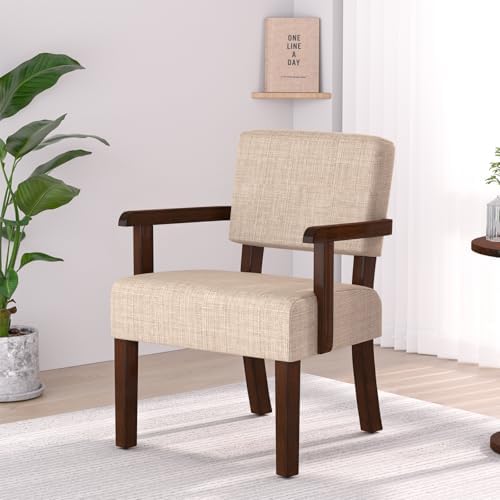 Accent Chair, Armchair with Solid Wood Frame and Legs, Beige in Beige