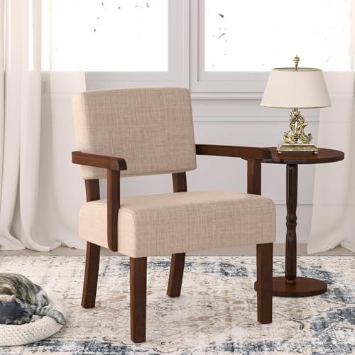 Accent Chair, Armchair with Solid Wood Frame and Legs, Beige in Beige, alternate view 5