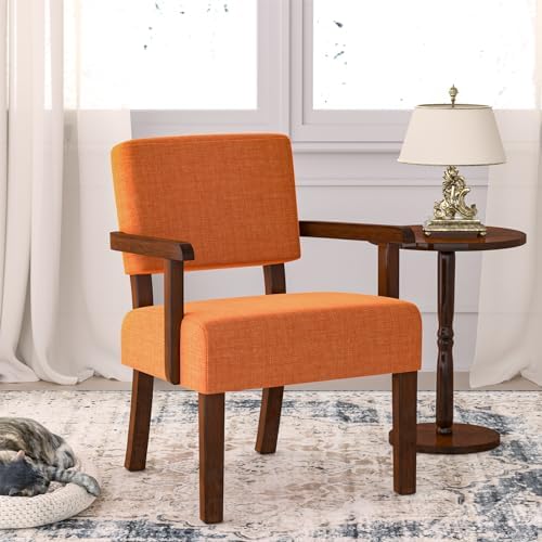 Accent Chair, Mid-Century Armchair with Solid Wood Frame, Orange in One Chair in Linen Orange, alternate view 3