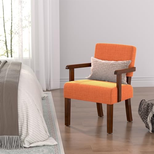 Accent Chair, Mid-Century Armchair with Solid Wood Frame, Orange in One Chair in Linen Orange, alternate view 6