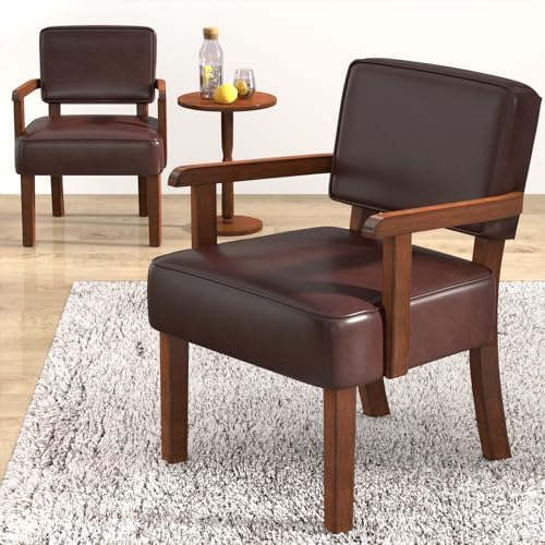 Accent Chairs Set of 2, 2 Solid Wood Armchairs with Table in One Set in Faux Leather Cherry