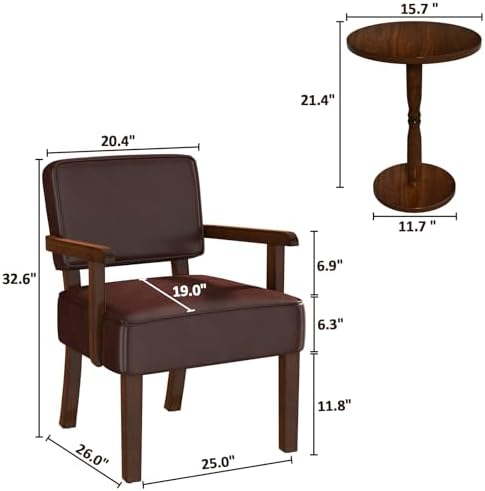 Accent Chairs Set of 2, 2 Solid Wood Armchairs with Table in One Set in Faux Leather Cherry, alternate view 2