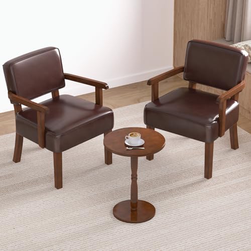 Accent Chairs Set of 2, 2 Solid Wood Armchairs with Table in One Set in Faux Leather Cherry, alternate view 3