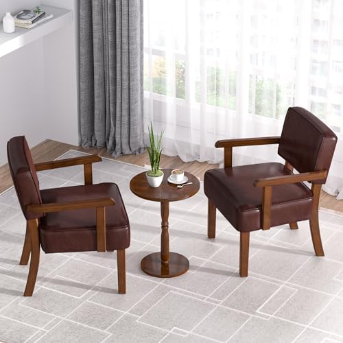 Accent Chairs Set of 2, 2 Solid Wood Armchairs with Table in One Set in Faux Leather Cherry, alternate view 4