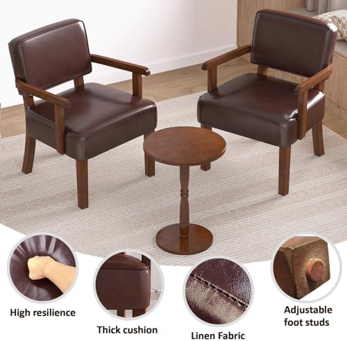 Accent Chairs Set of 2, 2 Solid Wood Armchairs with Table in One Set in Faux Leather Cherry, alternate view 5