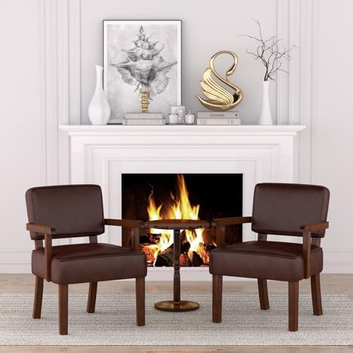 Accent Chairs Set of 2, 2 Solid Wood Armchairs with Table in One Set in Faux Leather Cherry, alternate view 6