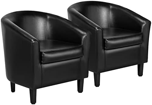 Accent Chairs Set of 2, Faux Leather Barrel Armchairs Black