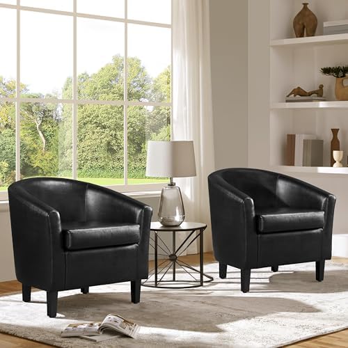Accent Chairs Set of 2, Faux Leather Barrel Armchairs Black, alternate view 2