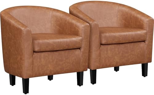 Accent Chairs Set of 2, Faux Leather Barrel Armchairs Brown