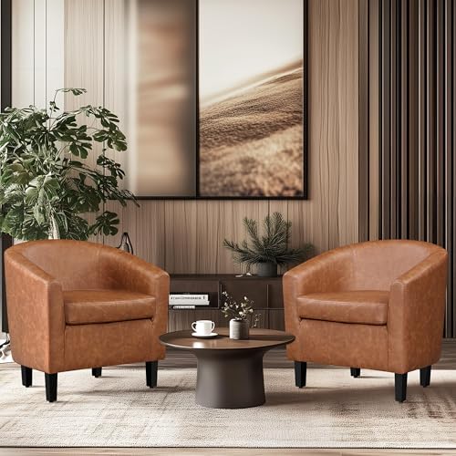 Accent Chairs Set of 2, Faux Leather Barrel Armchairs Brown, alternate view 2