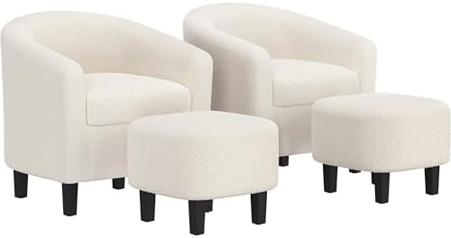 Accent Chairs with Ottoman Set of 2, Boucle Fabric, Ivory in Ivory