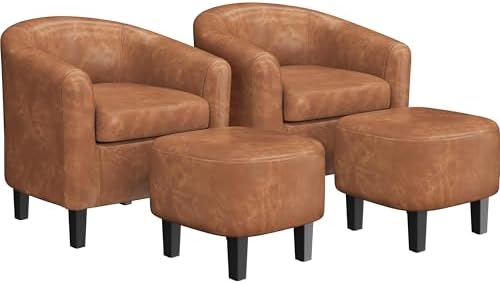Accent Chairs with Ottoman Set of 2, Faux Leather, Brown in Brown