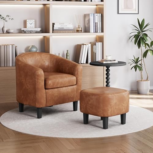 Accent Chairs with Ottoman Set of 2, Faux Leather, Brown in Brown, alternate view 5