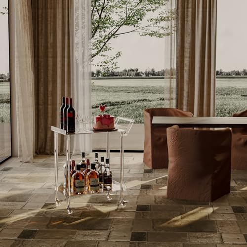 Acrylic Bar Cart, Rattan Home Bar Trolley with Wheels, 2-Tier Rolling Serving Cart for Kitchen, Dining Room, alternate view 2