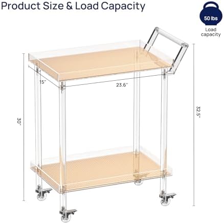 Acrylic Bar Cart, Rattan Home Bar Trolley with Wheels, 2-Tier Rolling Serving Cart for Kitchen, Dining Room, alternate view 3