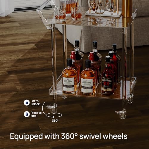 Acrylic Bar Cart, Rattan Home Bar Trolley with Wheels, 2-Tier Rolling Serving Cart for Kitchen, Dining Room, alternate view 4