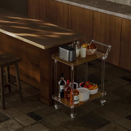 Acrylic Bar Cart, Rattan Home Bar Trolley with Wheels, 2-Tier Rolling Serving Cart for Kitchen, Dining Room, alternate view 6