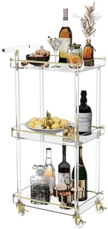 Acrylic Bar Cart, Rolling Serving Cart with Gold Edge, Handle