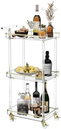 Acrylic Bar Cart, Rolling Serving Cart with Gold Edge, Handle