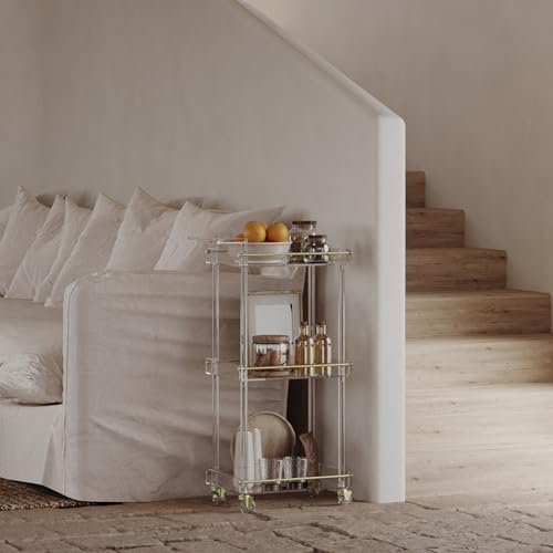 Acrylic Bar Cart, Rolling Serving Cart with Gold Edge, Handle, alternate view 2