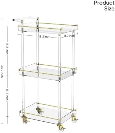 Acrylic Bar Cart, Rolling Serving Cart with Gold Edge, Handle, alternate view 3
