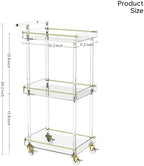 Acrylic Bar Cart, Rolling Serving Cart with Gold Edge, Handle, alternate view 3