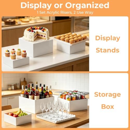 Acrylic Buffet Risers, 4 PCS White Large Food Display Stands for Party Table, Display Risers Cube Box with, alternate view 5