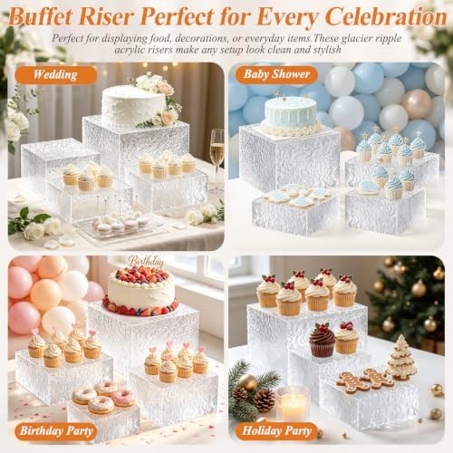 Acrylic Buffet Risers with Mini Sign and Maker, Clear Hammered Water Ripple Dessert Display Stands for Catering, alternate