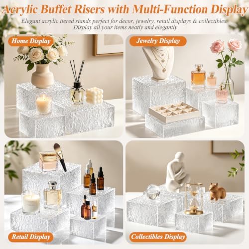 Acrylic Buffet Risers with Mini Sign and Maker, Clear Hammered Water Ripple Dessert Display Stands for Catering, alternate