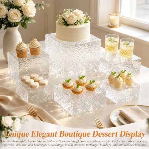 Acrylic Buffet Risers with Mini Sign and Maker, Clear Hammered Water Ripple Dessert Display Stands for Catering, alternate