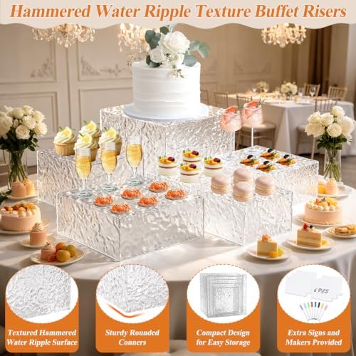 Acrylic Buffet Risers with Mini Sign and Maker, Clear Hammered Water Ripple Dessert Display Stands for Catering, alternate