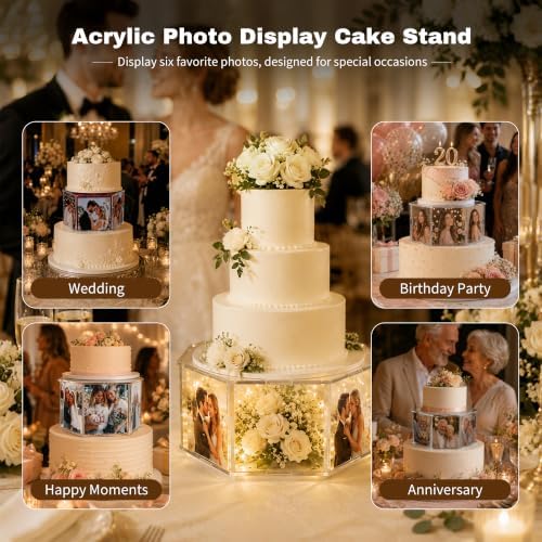 Acrylic Cake Stand with 6 Photo Panels for Tiered Cakes in Transparent, alternate view 6