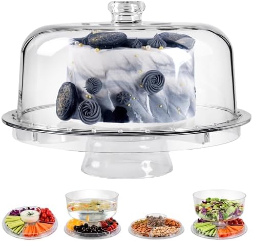 Acrylic Cake Stand with Dome Lid, 12.2 Inch 6-in-1 Clear Cake Plate Carrier with Handle, Crystal Display Holder