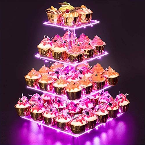 Acrylic Cupcake Stand for 50 Cupcakes, 4 Tier Cupcakes Tower Stand with Pink LED Lights and 4.7" Clear Tiers