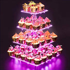 Acrylic Cupcake Stand for 50 Cupcakes, 4 Tier Cupcakes Tower Stand with Pink LED Lights and 4.7" Clear Tiers