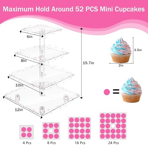 Acrylic Cupcake Stand for 50 Cupcakes, 4 Tier Cupcakes Tower Stand with Pink LED Lights and 4.7" Clear Tiers, alternate view