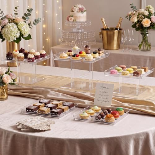 Acrylic Dessert Table Display Set, Square Cupcake Tray with 3 Tiered Stand for Wedding Table, 5 Scalloped, alternate view 4