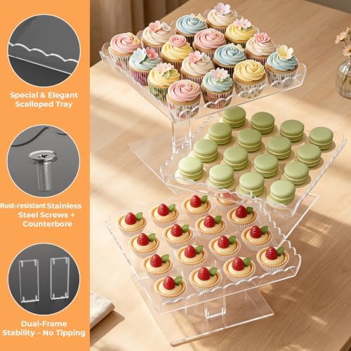 Acrylic Dessert Table Display Set, Square Cupcake Tray with 3 Tiered Stand for Wedding Table, 5 Scalloped, alternate view 5
