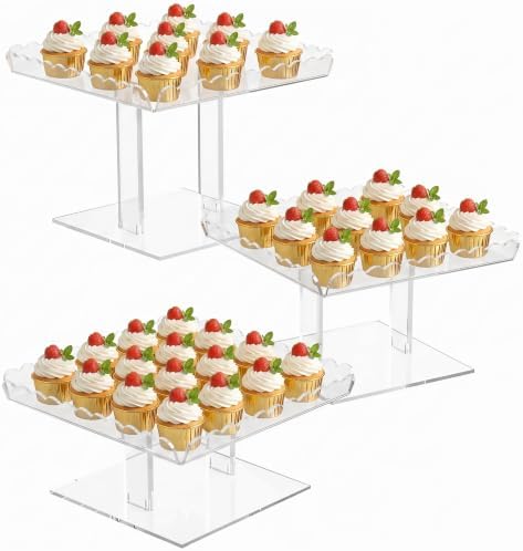 Acrylic Dessert Table Display Set with 3 Tiered Cupcake Display Stands for Birthday Party, Clear Square