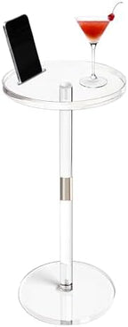 Acrylic Drink Table, Small Round Side Table for Small Space, Pedestal End Tables with Phone Holder, Multi-Use