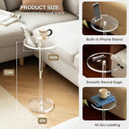 Acrylic Drink Table, Small Round Side Table for Small Space, Pedestal End Tables with Phone Holder, Multi-Use, alternate view