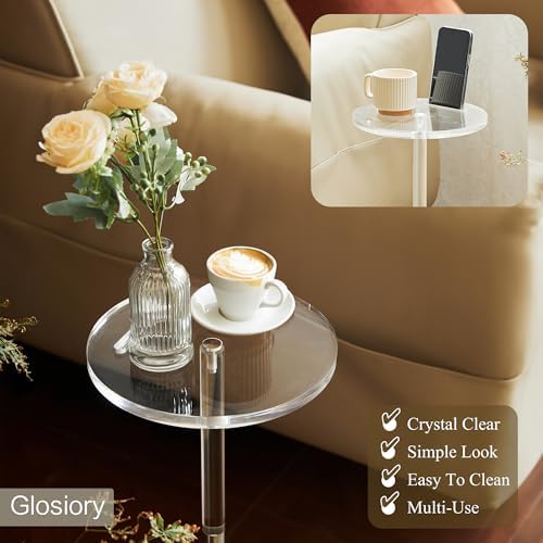Acrylic Drink Table, Small Round Side Table for Small Space, Pedestal End Tables with Phone Holder, Multi-Use, alternate view