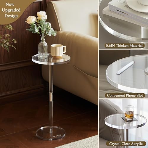 Acrylic Drink Table, Small Round Side Table for Small Space, Pedestal End Tables with Phone Holder, Multi-Use, alternate view