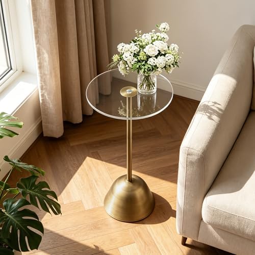 Acrylic Pedestal Side Table, Round Small Drink Table, Brass, alternate view 3