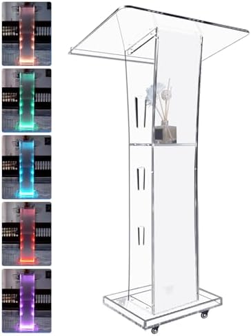 Acrylic Podium Stand with Wheel - 42.5” Clear Pulpit with 15 Adjustable LED Colors and Storage Shelf - Perfect