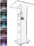 Acrylic Podium Stand with Wheel - 42.5” Clear Pulpit with 15 Adjustable LED Colors and Storage Shelf - Perfect