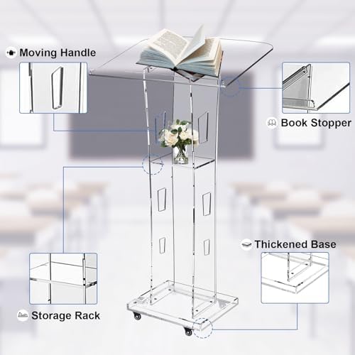 Acrylic Podium Stand with Wheel - 42.5” Clear Pulpit with 15 Adjustable LED Colors and Storage Shelf - Perfect, alternate