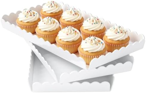 Acrylic Serving Trays 3 Pack, Glossy White Scalloped Acrylic Platters for Party Table Serving Food Cupcake